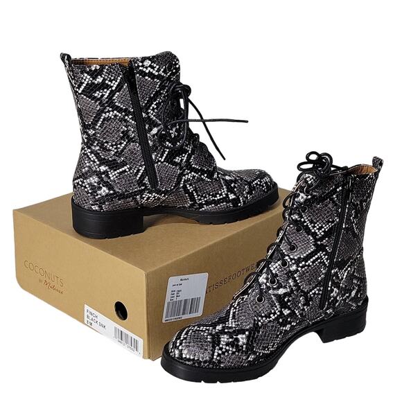 Coconuts by Matisse FINCH Combat Boots Black Snakeskin Womens 8 New In Box - Picture 1 of 13